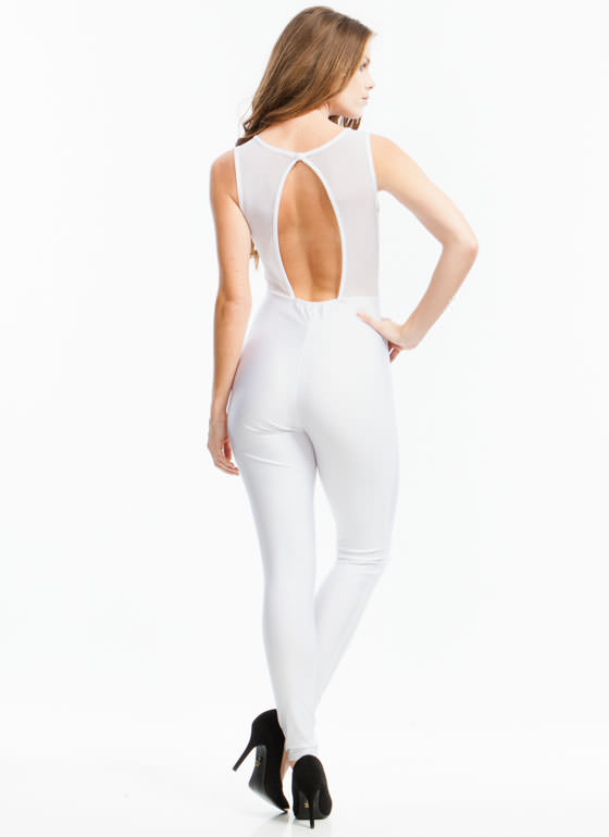 F2254-1             White Mesh Stitching Stylish Jumpsuit